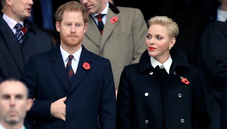 El Príncipe Harry y Charlene de Mónaco en un partido de rugby