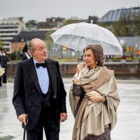 Los Reyes Juan Carlos y Sofía comentan el mal tiempo en la cena en honor a los Reyes de Noruega por su 80 cumpleaños