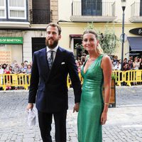 El jugador de baloncesto Sergio Rodríguez y su mujer Ana Bernal en la boda de Sergio Llul y Almudena Cánovas