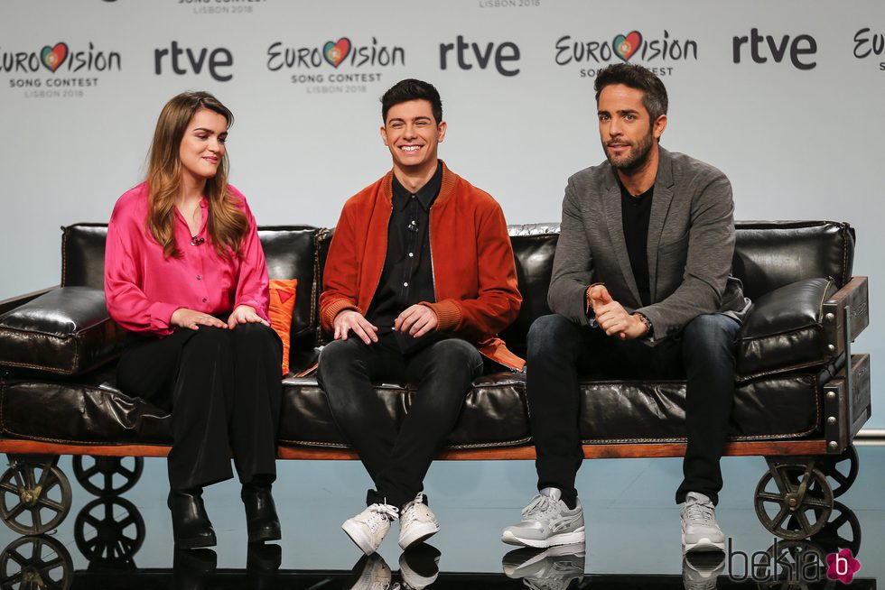 Alfred, Amaia y Roberto Leal en la primera rueda de prensa de Eurovisión 2018