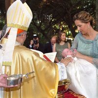 Irene Urdangarin en su bautizo con la Infanta Cristina y Pedro López Quesada