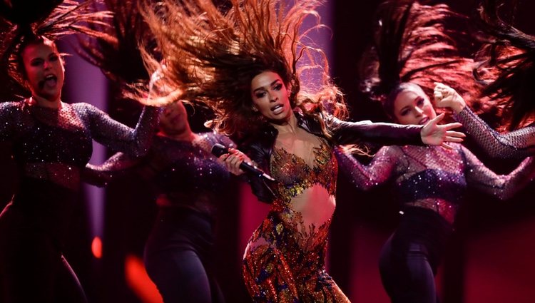 Eleni Foureira, presentando su canción 'Fuego' en el Festival de Eurovisión 2018