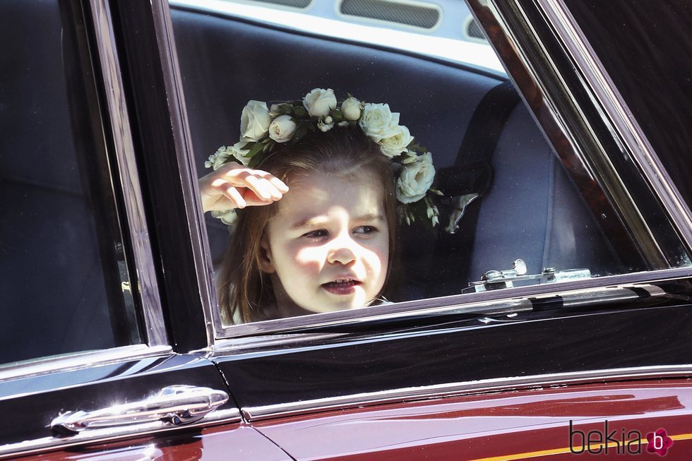 Carlota de Cambridge llegando a la boda del Príncipe Harry y Meghan Markle