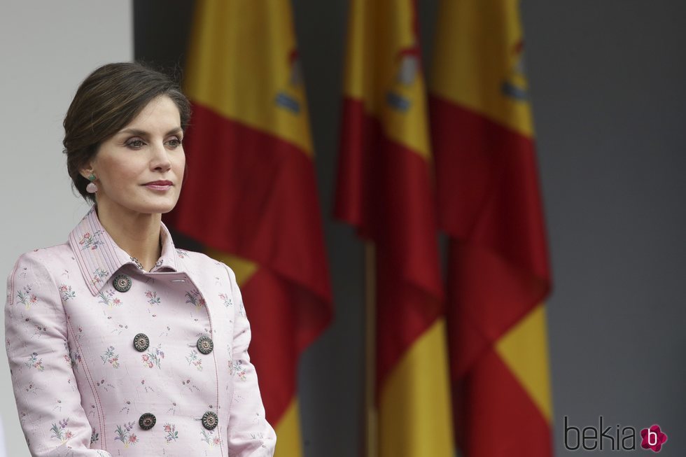 La Reina Letizia, con gesto serio en el desfile de las Fuerzas Armadas en Logroño