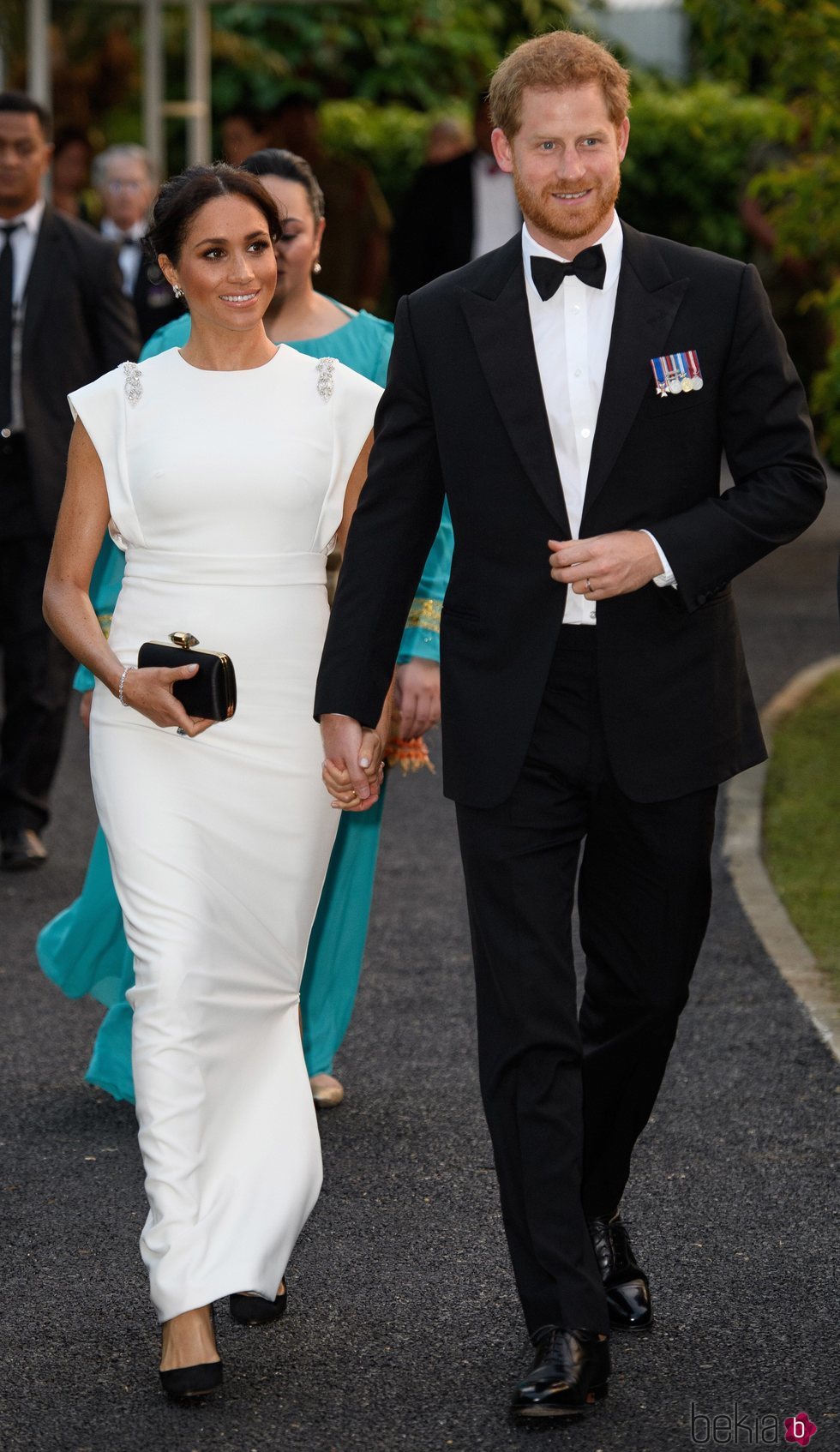 Los Duques de Sussex llegando a la cena con el Rey de Tonga