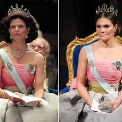 La Reina Silvia y la Princesa Victoria luciendo el mismo vestido en los Premios Nobel