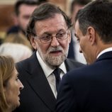 Mariano Rajoy, Ana Pastor y Pedro Sánchez en la capilla ardiente de Alfredo Pérez Rubalcaba en el Congreso de los Diputados en Madrid