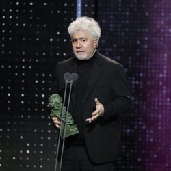 Pedro Almodóvar recogiendo un premio en los Goya 2020