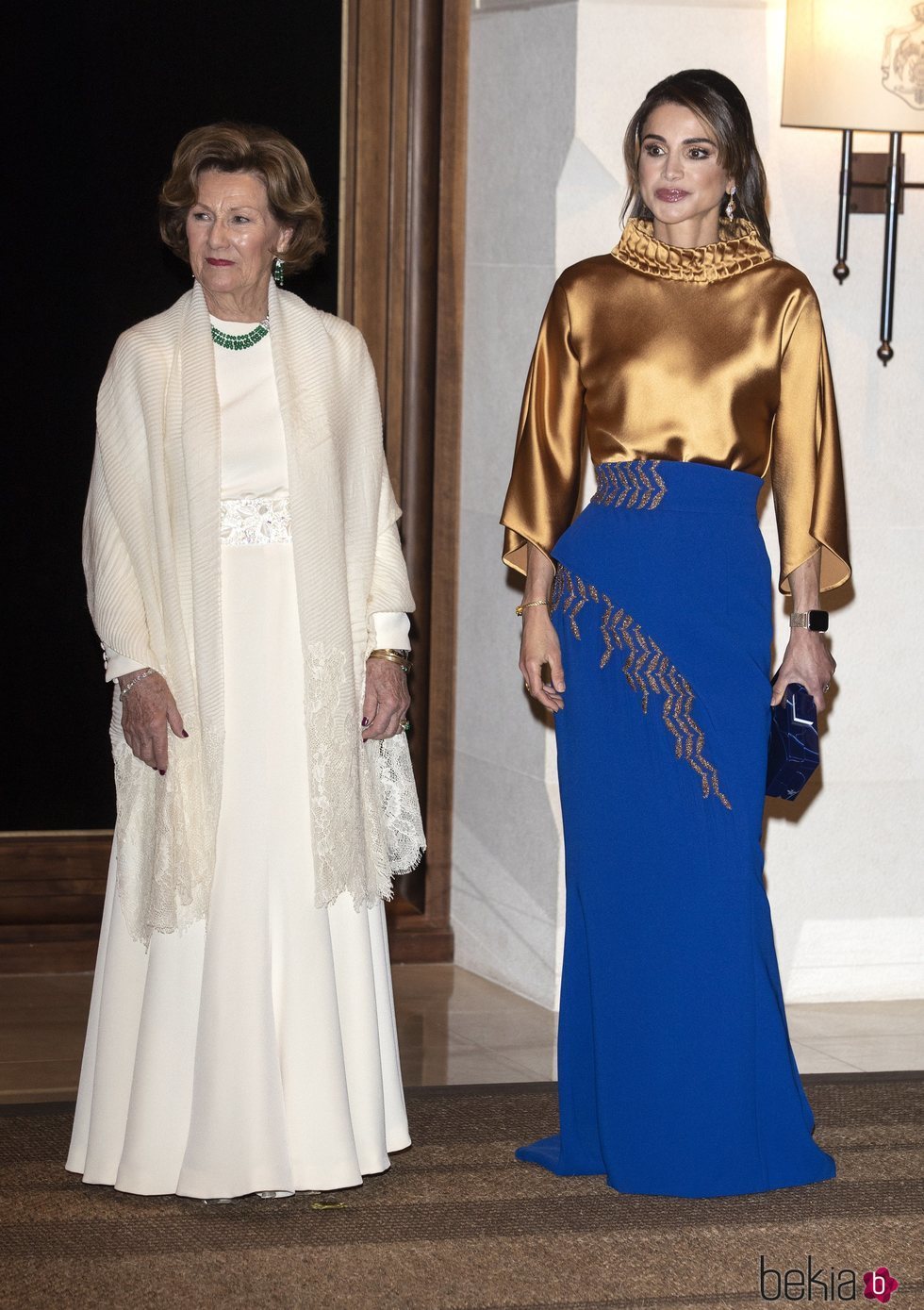 Sonia de Noruega y Rania de Jordania en la cena de gala por la Visita de Estado de los Reyes Harald y Sonia de Noruega a Jordania