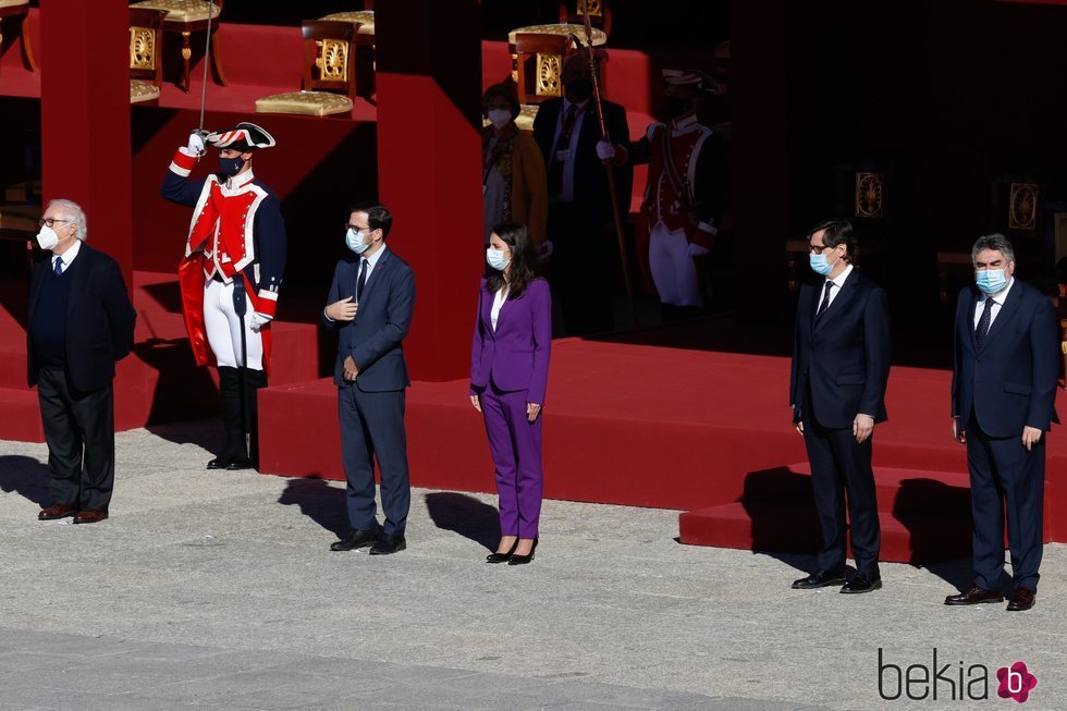 Manuel Castells, Alberto Garzón, Irene Montero, Salvador Illa y José Manuel Rodríguez Uribes en el Día de la Hispanidad 2020