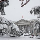 El Congreso cubierto de nieve tras la gran nevada de Madrid de 2021 provocada por Filomena