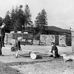 El Príncipe Carlos y la Princesa Ana jugando en presencia de la Reina Isabel y el Duque de Edimburgo en 1957