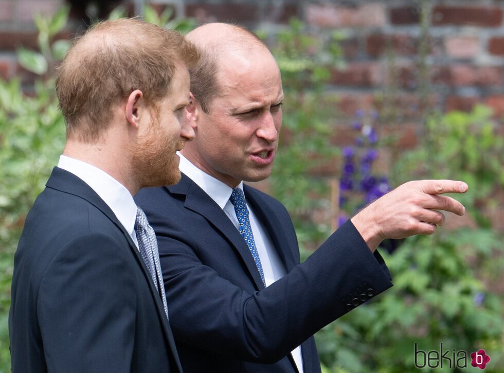 Los Príncipes Guillermo y Harry hablando en la inauguración de la estatua de Lady Di en Kensington Palace