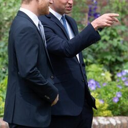 El Príncipe Guillermo habla con el Príncipe Harry en la inauguración de la estatua de Lady Di