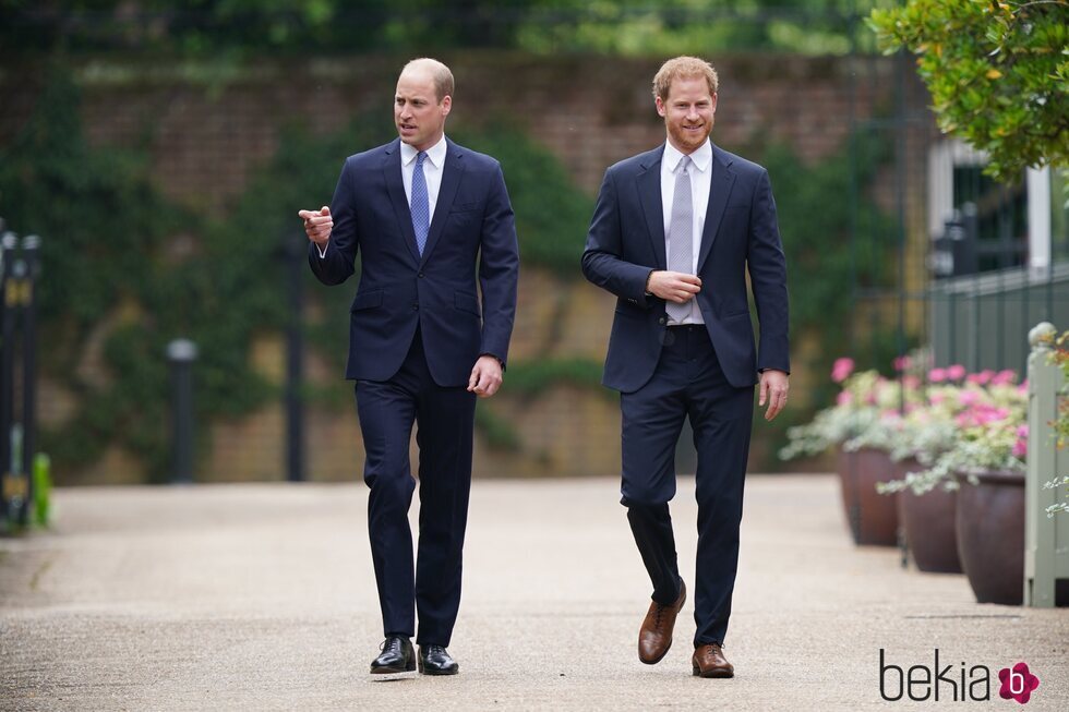 Los Príncipes Guillermo y Harry en la ceremonia de inauguración de la estatua de Lady Di