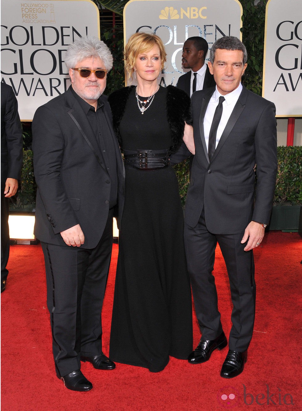 Pedro Almodóvar, Antonio Banderas y Melanie Griffith en los Globos de Oro 2012