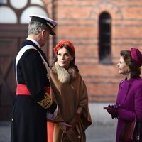 Los Reyes Felipe y Letizia y Carlos Gustavo y Silvia de Suecia hablando en la bienvenida a los Reyes de España por su Visita de Estado a Suecia