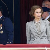 La Reina Sofía durante la jura de bandera de personal civil en el Acuartelamiento de la Guardia Real