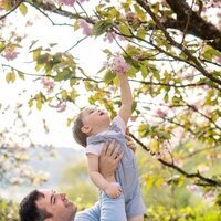 Guillermo de Luxemburgo sube en brazos a su hijo Charles de Luxemburgo para que toque una flor en el 2 cumpleaños de Charles de Luxemburgo