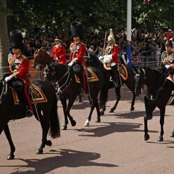 El Príncipe Carlos, el Príncipe Guillermo y la Princesa Ana desfilando en Trooping the Colour 2022 por el Jubileo de Platino