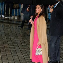 La Reina Letizia con paraguas, un vestido rosa y bolso de flores en la Puerta de Brandeburgo en la Visita de Estado de los Reyes de España a Alemania