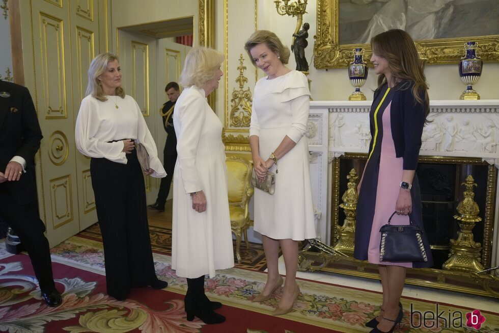 La Reina Camilla y Matilde de Bélgica hablando en presencia de Sophie de Wessex y Rania de Jordania en Buckingham Palace