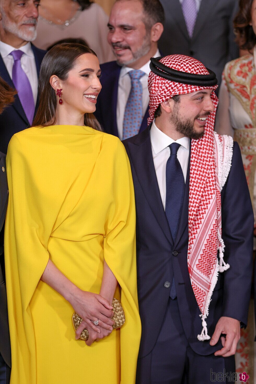 Hussein de Jordania y Rajwa Al Saif, muy sonrientes en la boda de Iman de Jordania y Jameel Alexander Thermiotis