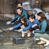 Joaquín y Marie de Dinamarca y sus hijos Henrik y Athena de Dinamarca dando de comer a los pingüinos