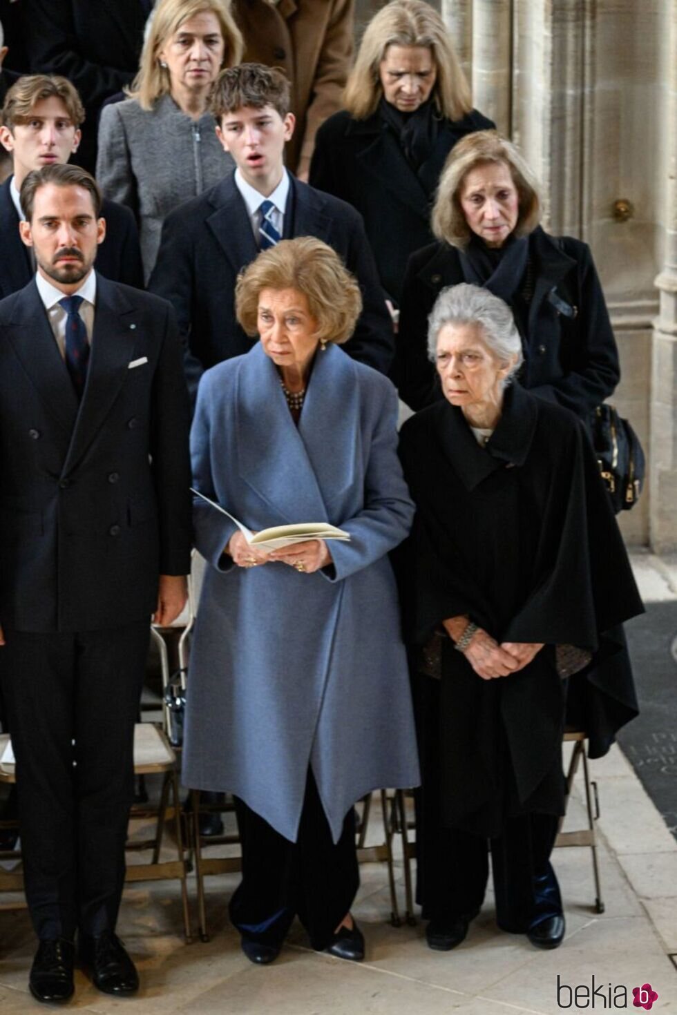 Philippos de Grecia, la Reina Sofía, Irene de Grecia, Odysseas de Grecia y las Infantas Elena y Cristina en el homenaje a Constantino de Grecia en Windsor