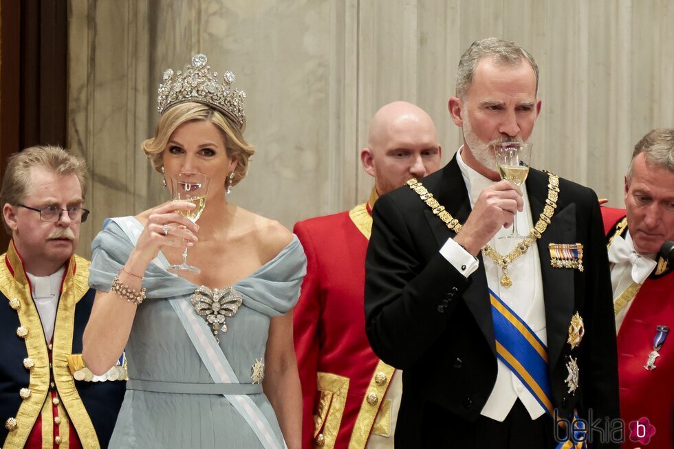 Máxima de Holanda y Felipe VI bebiendo en la cena de gala por la Visita de Estado de los Reyes de España a Países Bajos