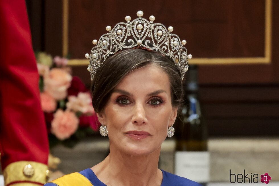 La Reina Letizia con la Tiara Rusa y los pendientes de chatones en la cena de gala por su Visita de Estado a Países Bajos