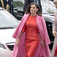 La Reina Letizia con un vestido naranja y abrigo rosa en su Visita de Estado a Países Bajos