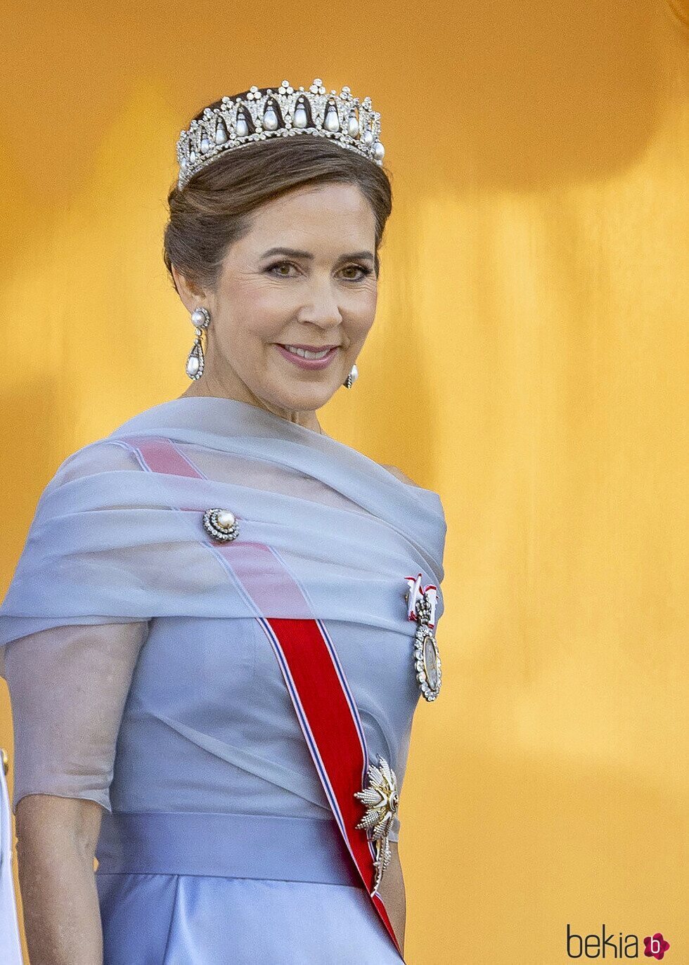 Mary de Dinamarca con la Tiara Pearl Poiré en la cena de gala por su Visita de Estado a Noruega