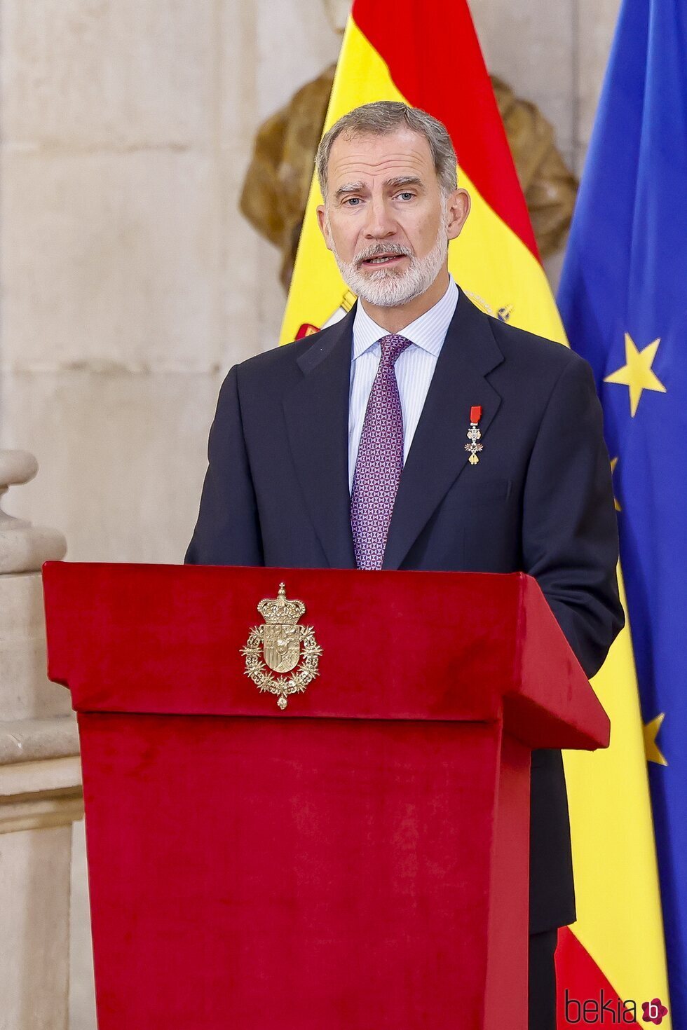 El Rey Felipe VI dando su discurso en el acto de condecoración del mérito civil durante la celebración del décimo aniversario del reinado de Felipe VI