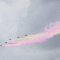 La Patrulla Águila del Ejército del Aire en el cielo de Madrid en el décimo aniversario de reinado de Felipe VI