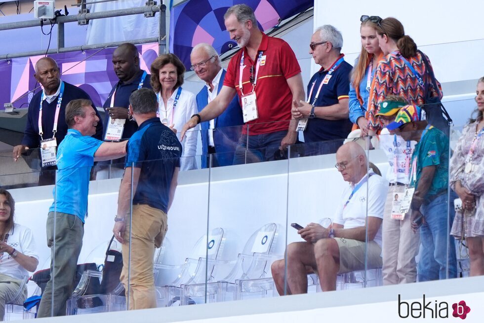 Felipe VI y Enrique de Luxemburgo se saludan en presencia de los Reyes de Suecia y Amalia de Holanda en los Juegos Olímpicos de París 2024