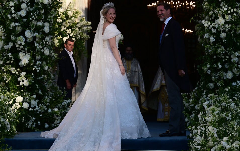 Theodora de Grecia con la Tiara Khedive de Egipto y su vestido de novia en su boda con Matthew Kumar