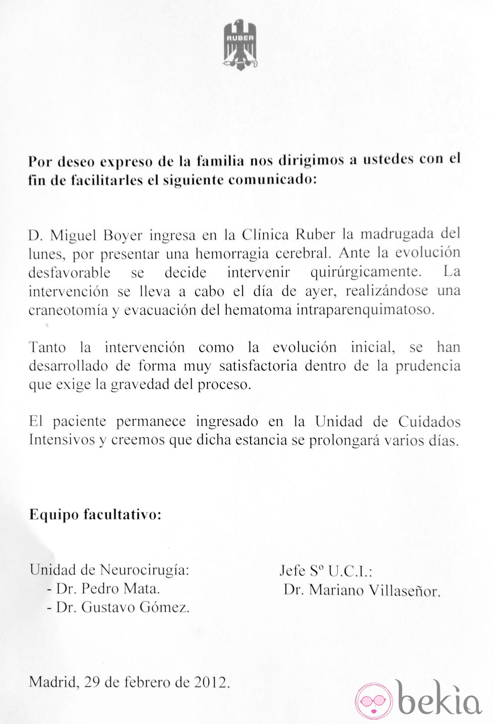 Parte médico sobre el estado de salud de Miguel Boyer