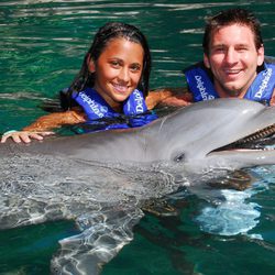 Leo Messi y Antonella Roccuzzo nadando entre delfines