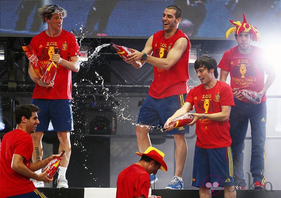 Javi Martínez, Torres, Negredo, Silva y Jordi Alba celebran con cerveza la Eurocopa 2012