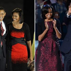 Barack Obama y Michelle en su victoria en 2008, y a la derecha, en 2012