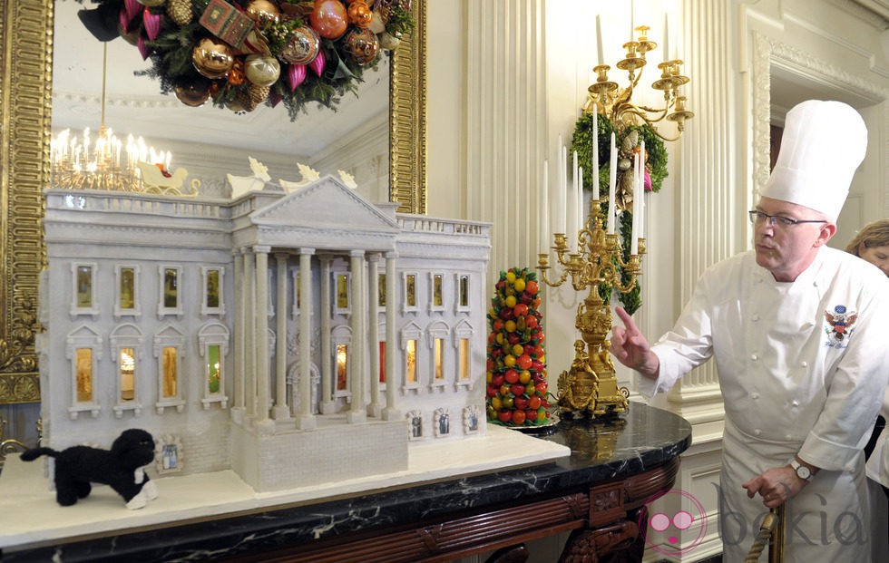 La réplica comestible de la Casa Blanca junto al perro Bo