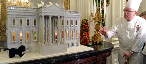 La réplica comestible de la Casa Blanca junto al perro Bo