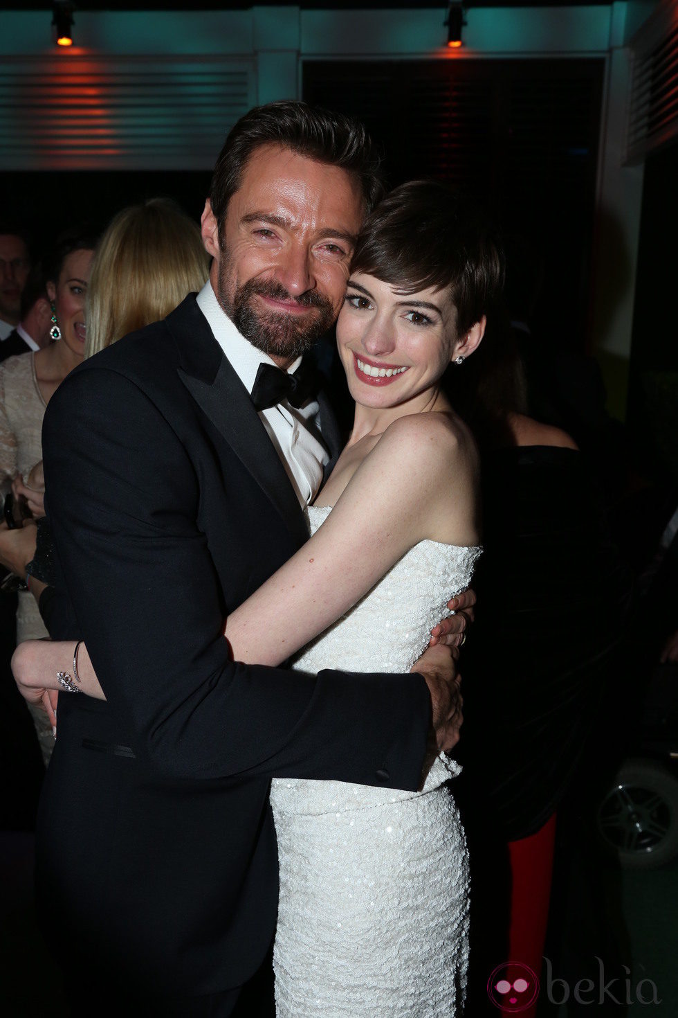 Anne Hathaway y Hugh Jackman en la fiesta de la NBC tras los Globos de Oro 2013