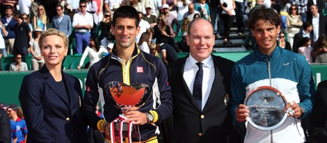 Los Príncipes de Mónaco con Novak Djokovic y Rafa Nadal tras la final del Master de Monte-Carlo 2013