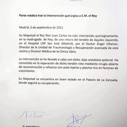 Parte médico del Hospital San José sobre la operación del Rey