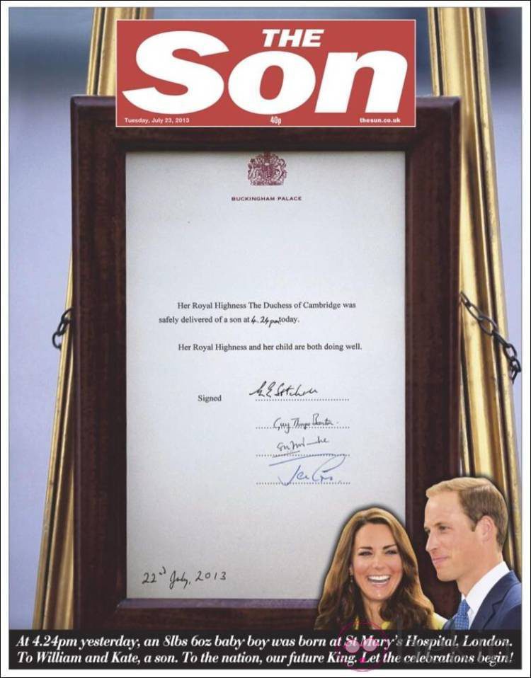 Portada de The Sun con el nacimiento del hijo de los Duques de Cambridge