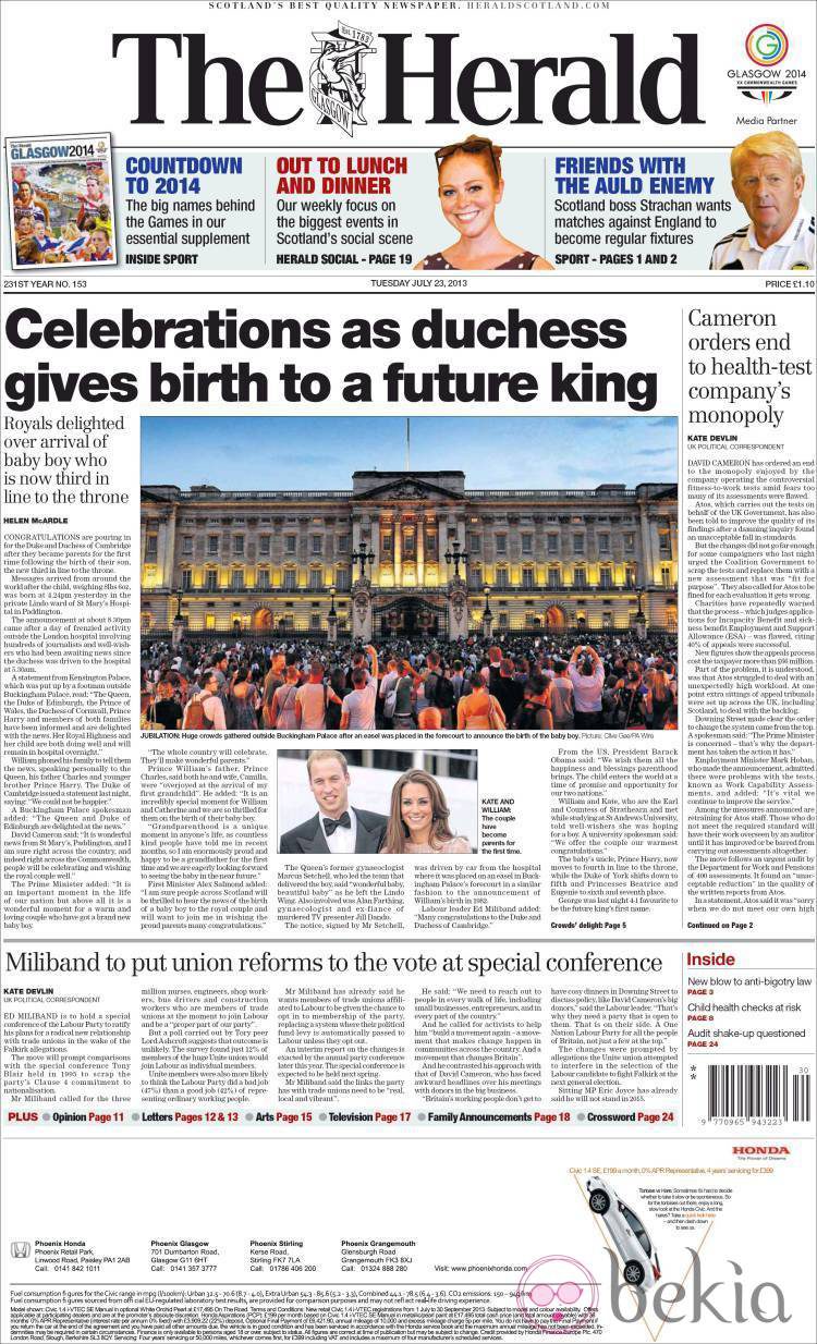 Portada de The Herald con el nacimiento del hijo de los Duques de Cambridge