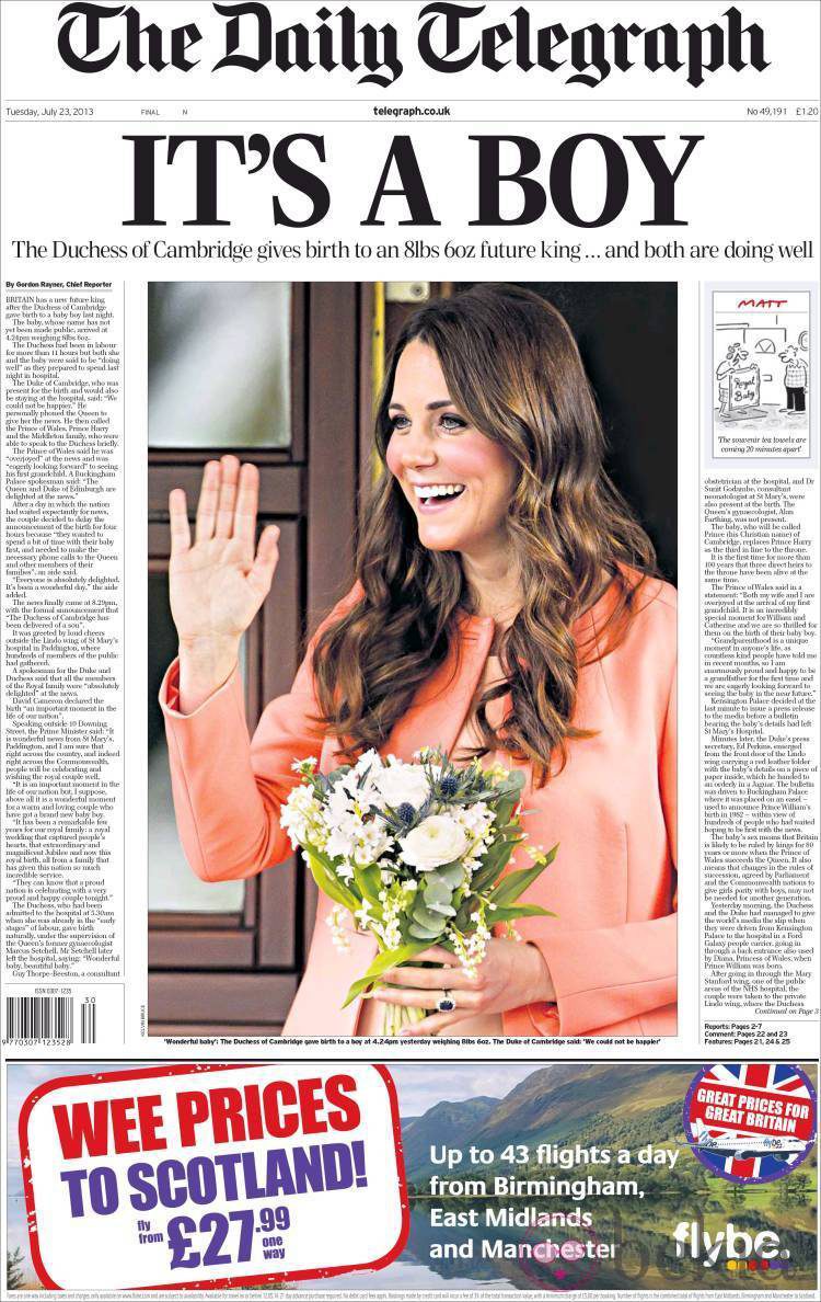 Portada de The Daily Telegraph con el nacimiento del hijo de los Duques de Cambridge