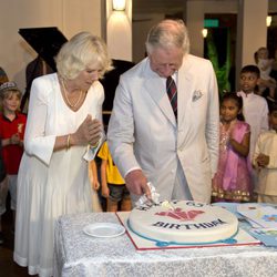 El Príncipe Carlos corta su tarta de cumpleaños bajo la insistente mirada de Camilla Parker en Sri Lanka